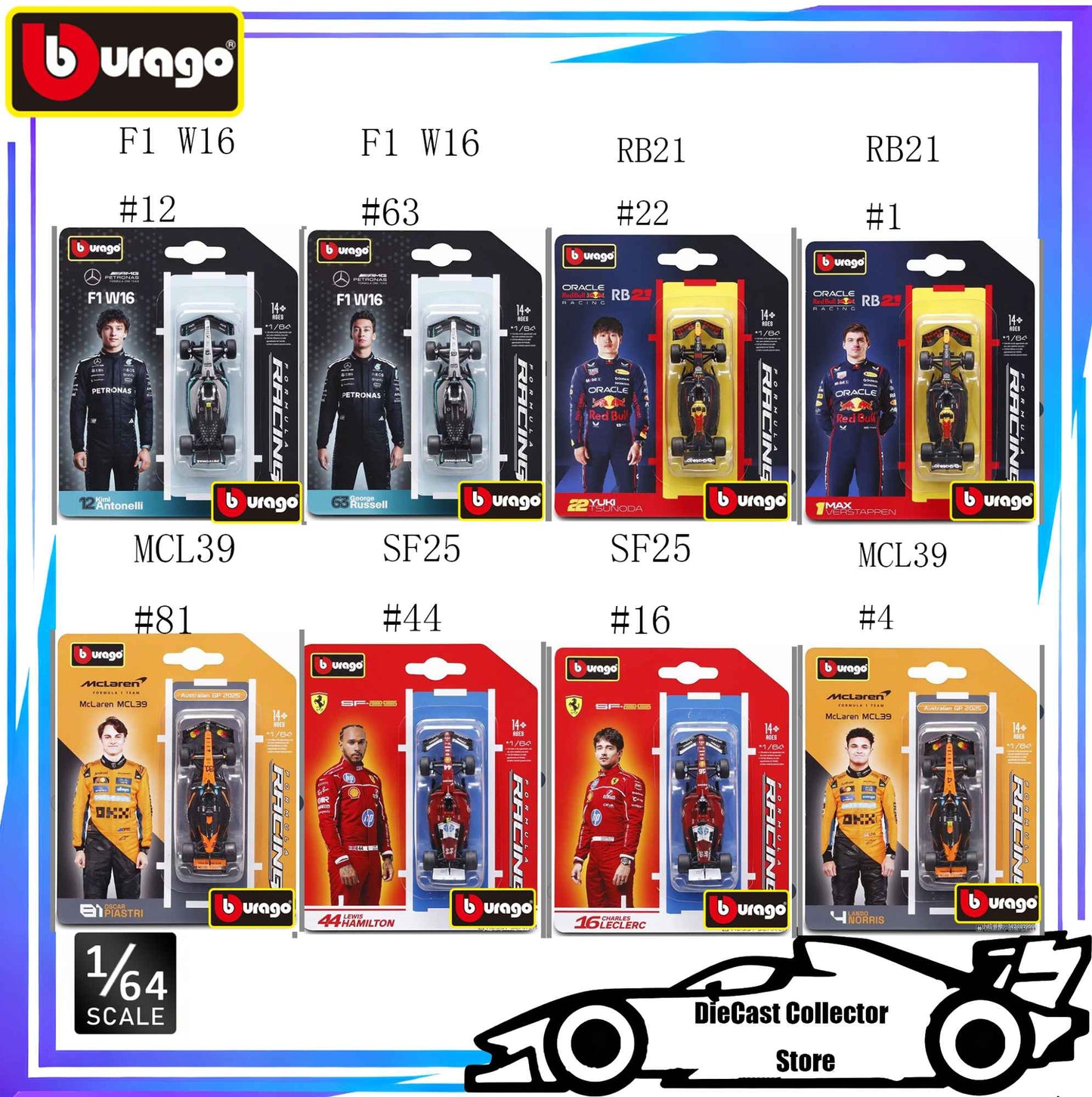 Bburago 1/64 2025 F1 SF-25 Leclerc-#16 Hamilton-#44 RB21 Verstappen-#1#22 MCL39#4#81 W16 Modelo em Liga Miniatura Diecast Brinquedo de Presente