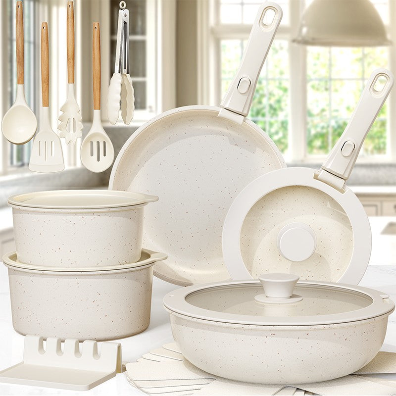 Conjunto de Panelas de 21 Peças Antiaderente, Conjunto de Utensílios de Cozinha de Cerâmica Astercook com Cabos Sensores, Branco Leitoso