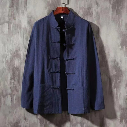 XXXXXL Plus Size Men Cotton Linen Shier Autumn Spring Men Collarless Long Sleeve Frog Button Loose Blouse Tops Oversized M-5XL