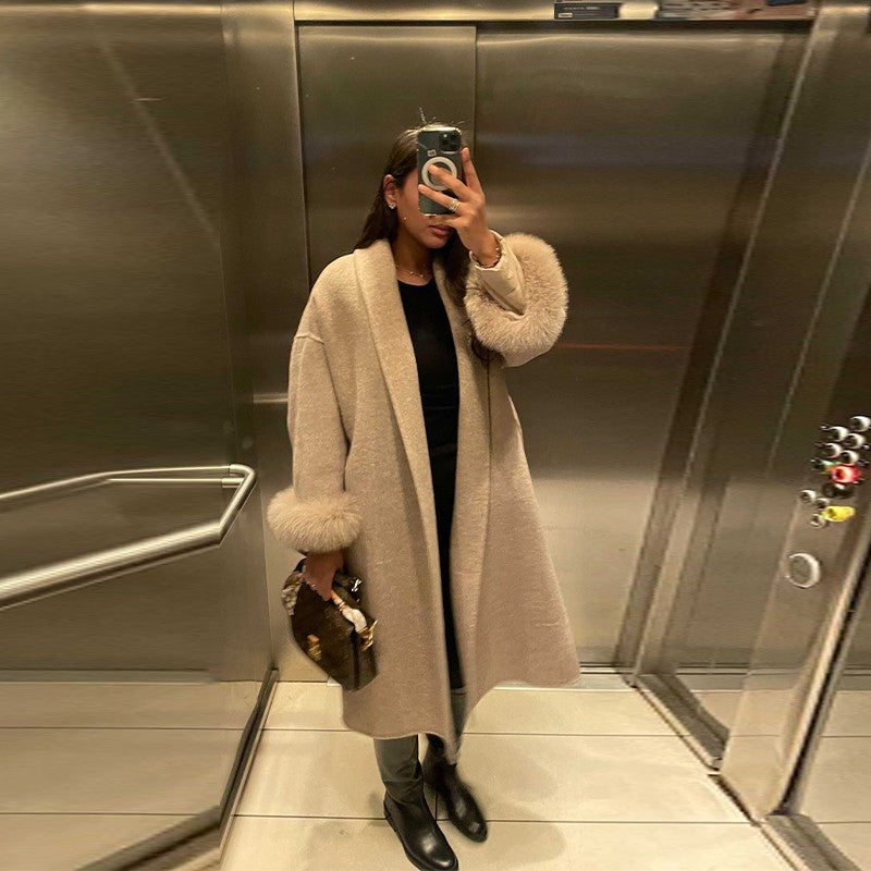 Elegant Faux Fur Cuffs Woolen Coat With Belt For Women Fashion Lapel Long Sleeve Lace Up Maxi Jacket Lady 2025 Autumn Outerwear