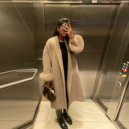 Elegant Faux Fur Cuffs Woolen Coat With Belt For Women Fashion Lapel Long Sleeve Lace Up Maxi Jacket Lady 2025 Autumn Outerwear