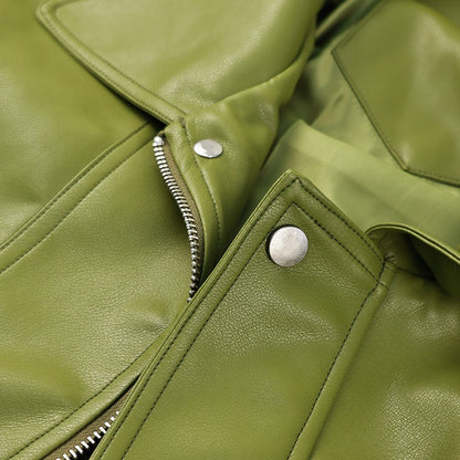 Olive Green Leather Jacket Coat Silhouette Vintage High Street Trend Zipper Lapel Short Overcoat Loose Casual Top Outwear Autumn