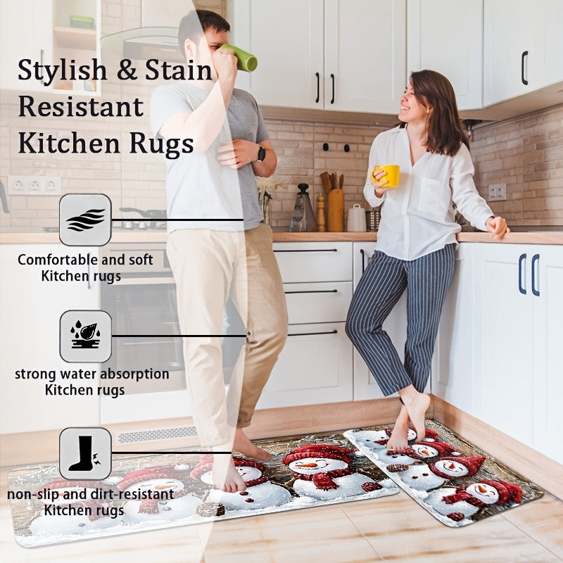 VIKAMA Festive Christmas Kitchen Mats Cartoon Snowman Area Rug Christmas Holiday Atmosphere Decor Welcome Doormat Home Decor