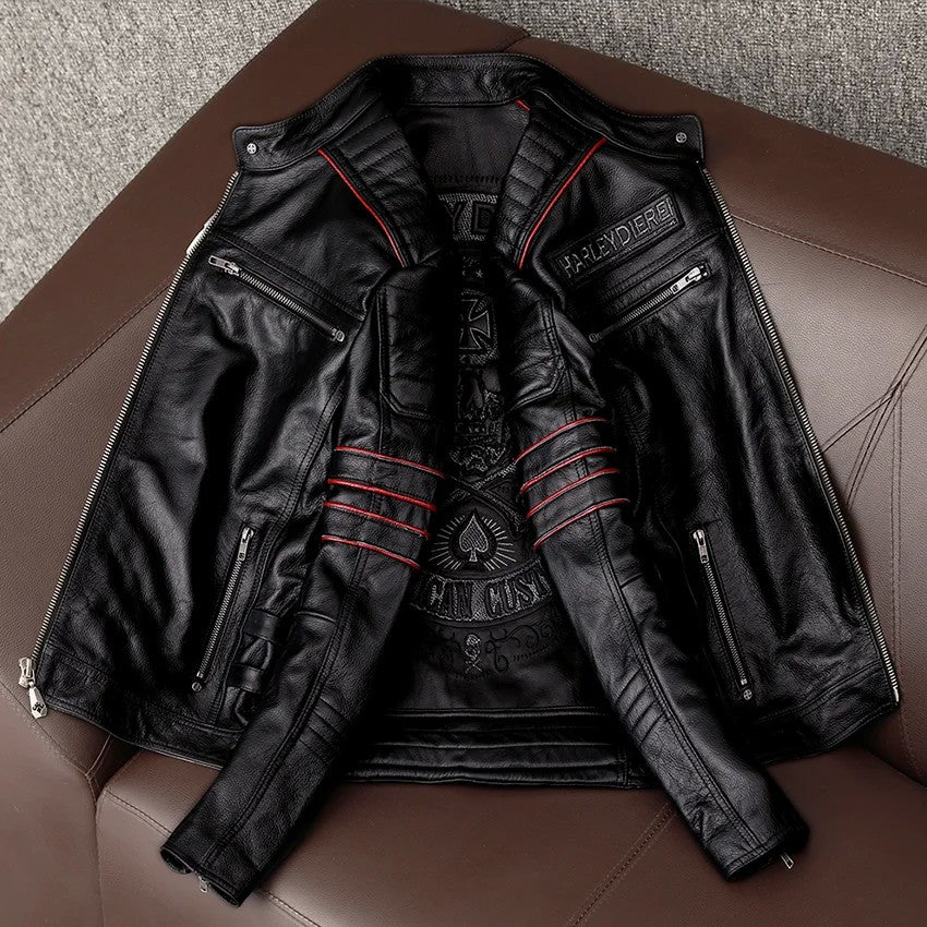 Men's Spring Original Leather Motorcycle Jacket 2025 Skull Embroidery Top Layer Cowhide Clothing Slim Fit Black Slim Male Coat
