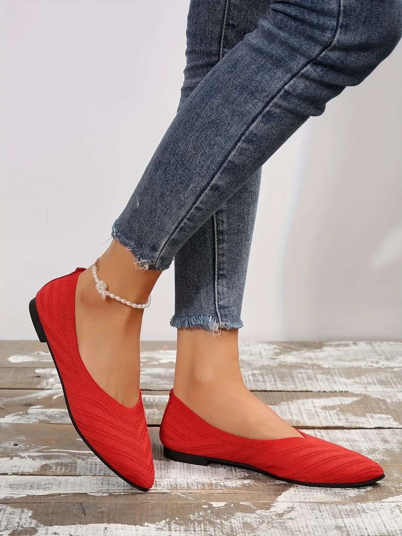 New 2024 Pointed Toe Flat Office Boat Solid Color Knitted Slip on Shoes Casual Ballet Flats Shoes Women Loafers Zapatos De Mujer