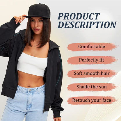 Boné de Beisebol com Extensões de Cabelo Sintético, Resistente ao Calor, 25 cm, Peruca Curta Lisa Ajustável Estilo Bob em Boné para Uso Diário Feminino