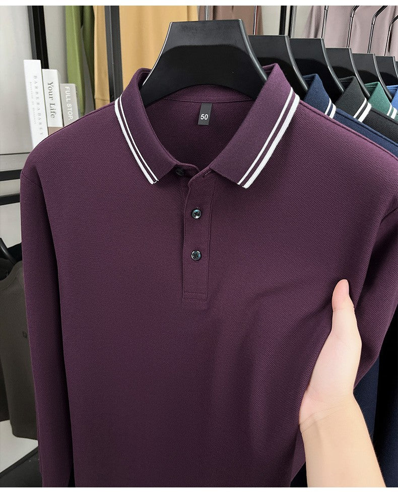 100% pure cotton high-quality long sleeve polo shirt men's autumn new style comfort casual luxury double striped lapel T-shirt