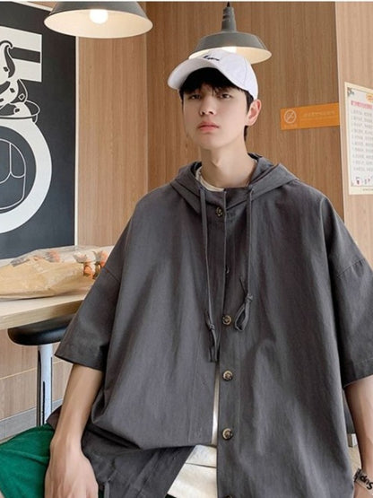 Gmiixder Hooded Short-sleeved Shirts for Men Women Japan Summer Trend Cityboy Solid Blouse Unisex Cargo Button Up Shirt Jacket