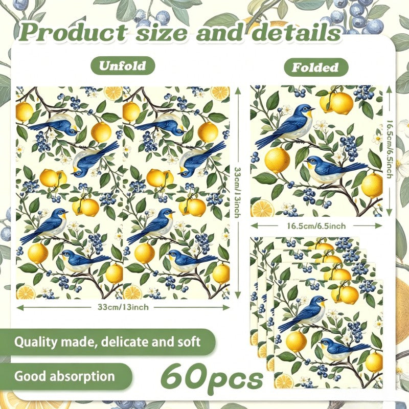 20/40/60pcs Bird Lemon Blueberry Flower Themed Party Napkins, Suitable for Party Tea Parties, Birthdays, and Desktop Decoration