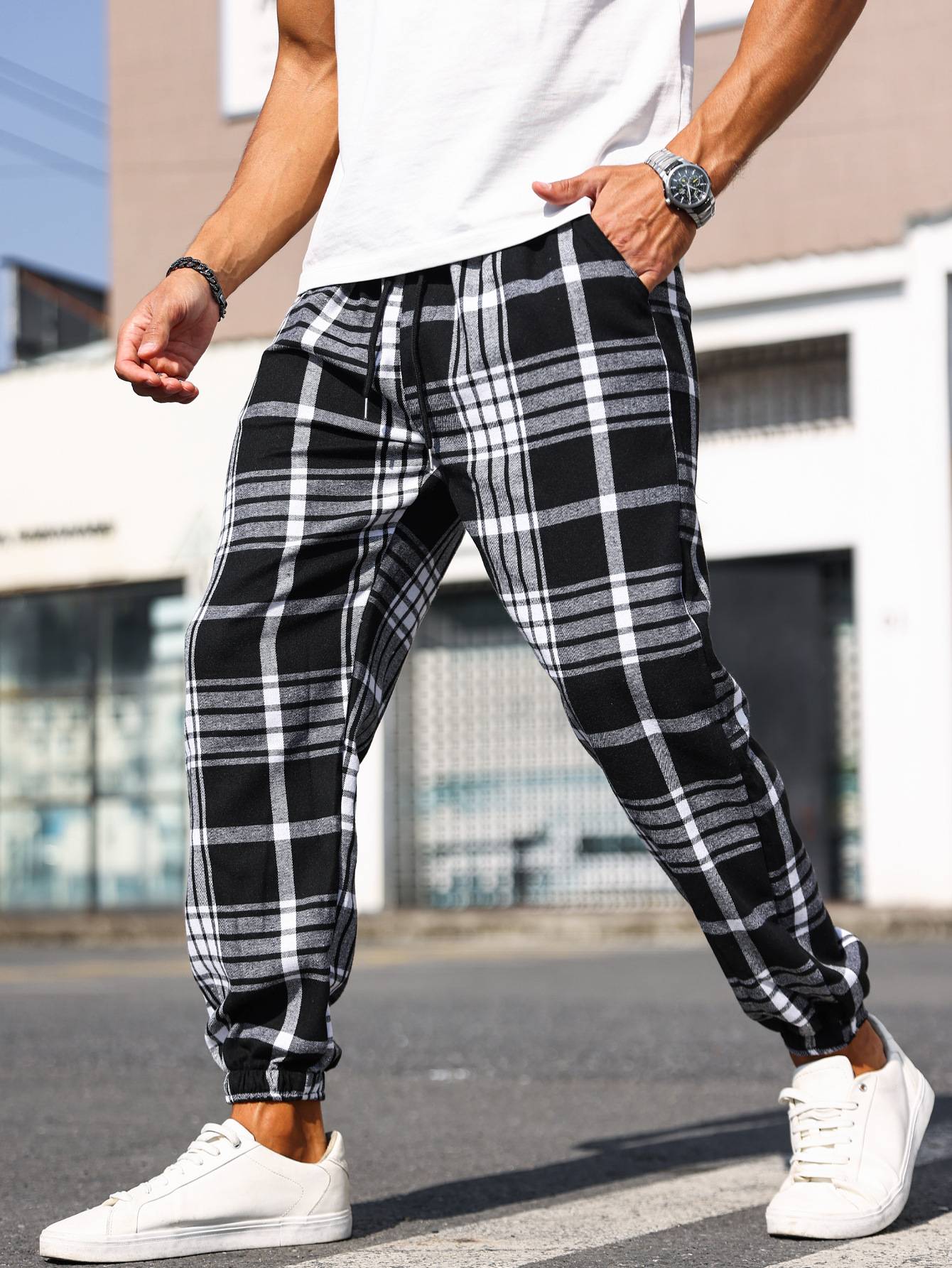 Calças Masculinas Xadrez com Punho Calças de Pijama Confortáveis para Estilo Relaxado
