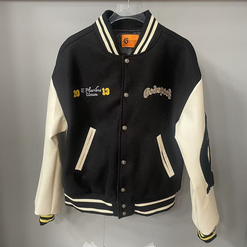 Real Photo GOD SPEED Baseball Jacket American Vintage Patchwork Leather Sleeves Unisex Embroidery Skeleton Jacket Coats
