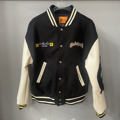 Real Photo GOD SPEED Baseball Jacket American Vintage Patchwork Leather Sleeves Unisex Embroidery Skeleton Jacket Coats