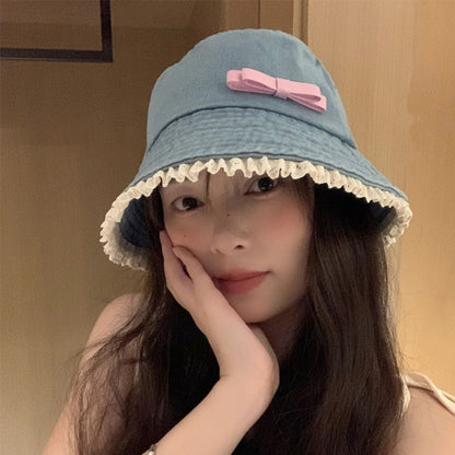 Retro Big Brimmed Denim Bucket Hat Bow Tie Y2K Lace Fisherman Hat Korean Style UV Protection Bow Sunscreen Hat Outdoor