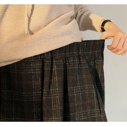 Women Elastic High Waist Woolen Pants Autumn Winter New Plaid Wool Wide Leg Pants Female Casual Loose Ankle-Length Skirts Pants