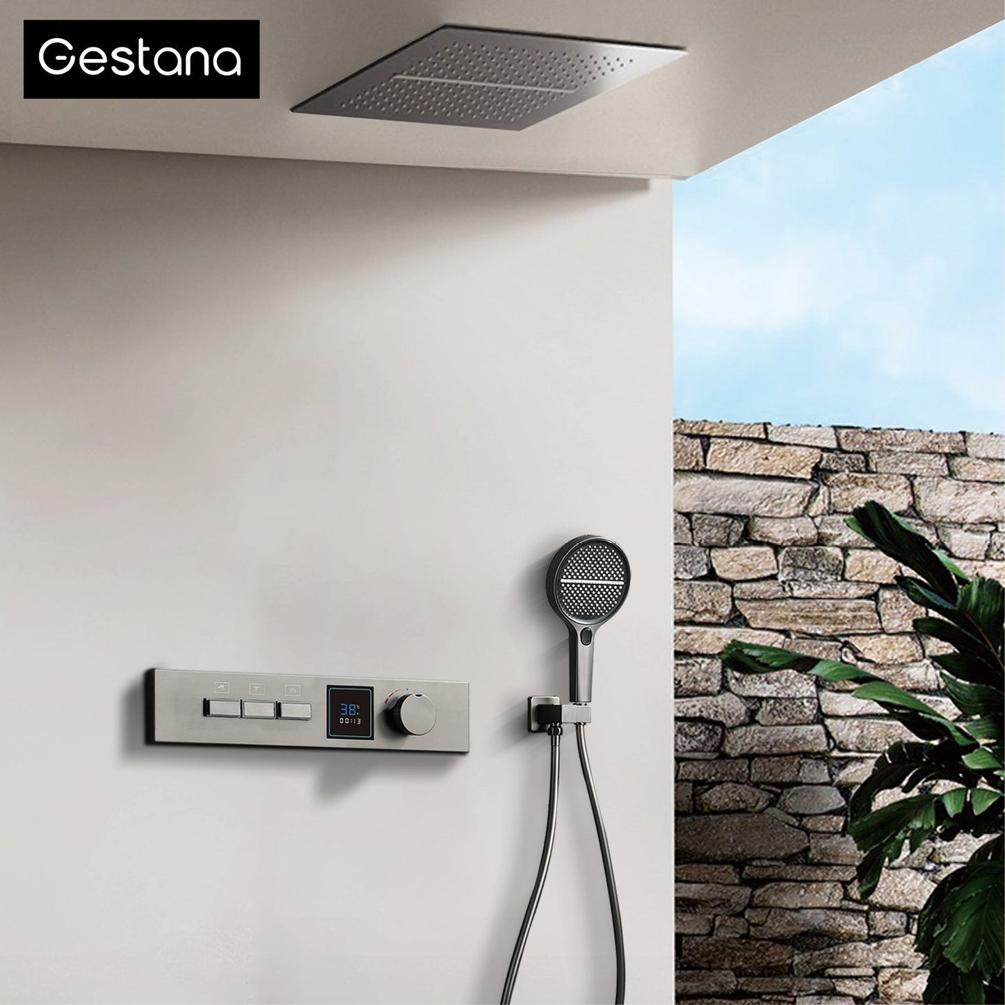Sistema de chuveiro de latão Gunmetal luxuoso para banheiro com display de temperatura LED embutido no teto, 2 funções (chuva/cascata)