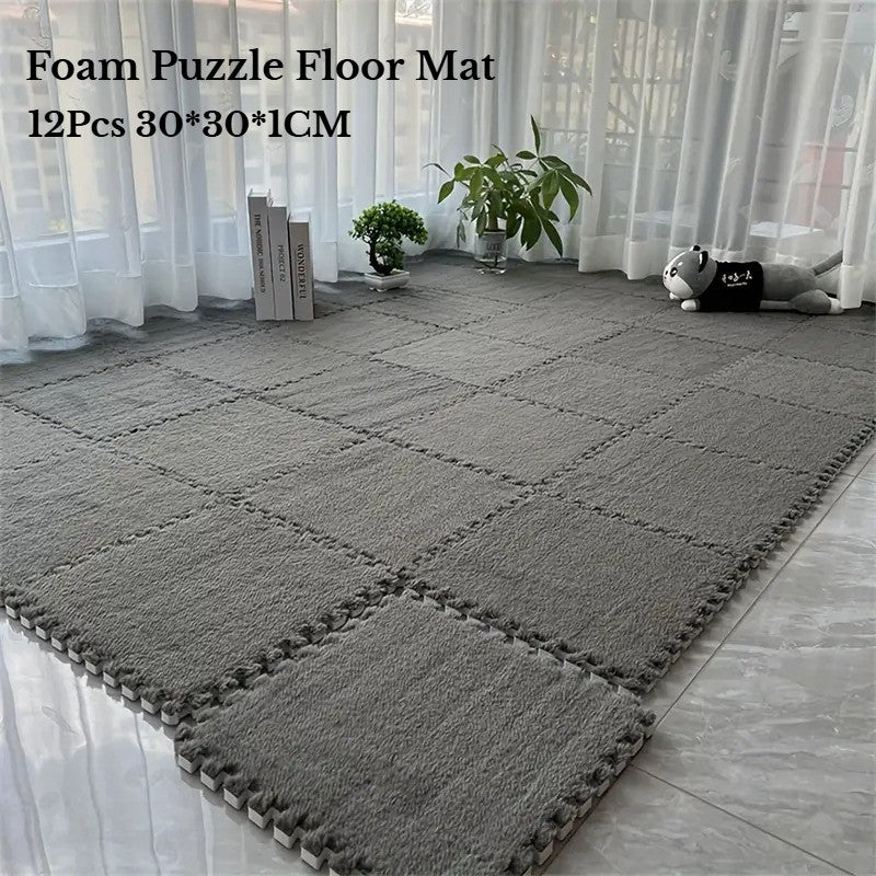 12Pcs Foam Puzzle Floor Mat Mat Interlocking Fluffy Playmat Plush Area Mat for Home Game Room Bedroom Decoration 30*30*1CM