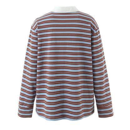 Autumn New Striped Loose Polo Collar Women Tops Fashion Vintage Patchwork Long Sleeve T Shirt Streetwear Women Basic Tops
