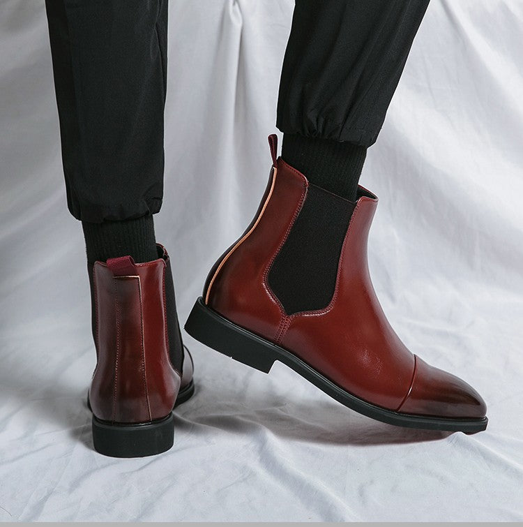 Botas masculinas Chelsea com sola vermelha, tornozelo, bico redondo para negócios, estilo Aura, sapatos masculinos tamanho 38-46, botas masculinas