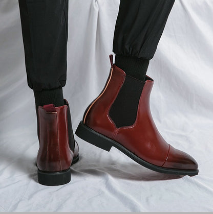 Botas masculinas Chelsea com sola vermelha, tornozelo, bico redondo para negócios, estilo Aura, sapatos masculinos tamanho 38-46, botas masculinas