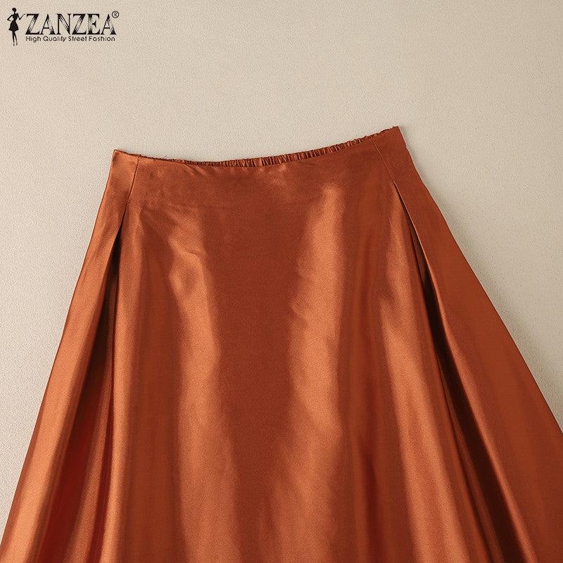 2025 Stylish Autumn High Waist Party Satin Skirts ZANZEA Women Jupe Plus Size Solid A-line OL Work Faldas Saia Maxi Long Skirt