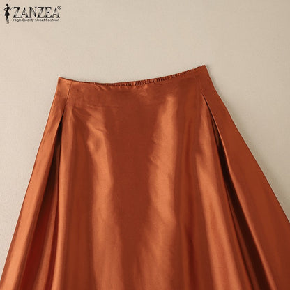 2025 Stylish Autumn High Waist Party Satin Skirts ZANZEA Women Jupe Plus Size Solid A-line OL Work Faldas Saia Maxi Long Skirt