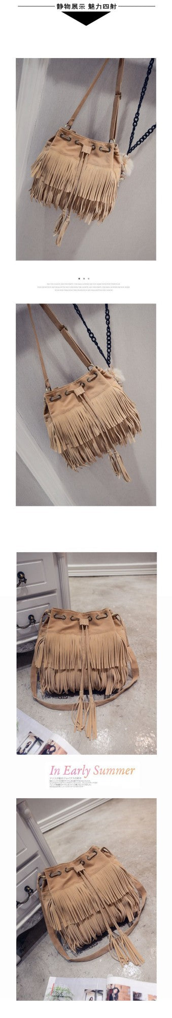 Fashion Retro Faux Suede Fringe Women Messenger Bags Tote New Handbag Tassel Shoulder Handbags Crossbody Bag Tassel Bucket