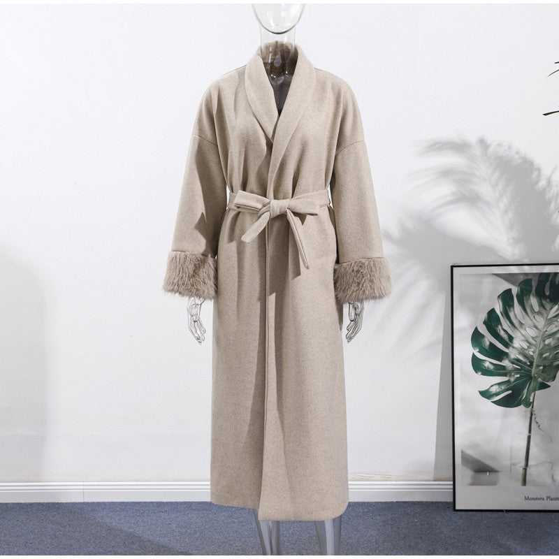 2025 Chic Lapel Plush Coat With Belt Women Vintage Solid Faux Fur Sleeve Tweed Open Coats Female Autumn Casual Street Outwear