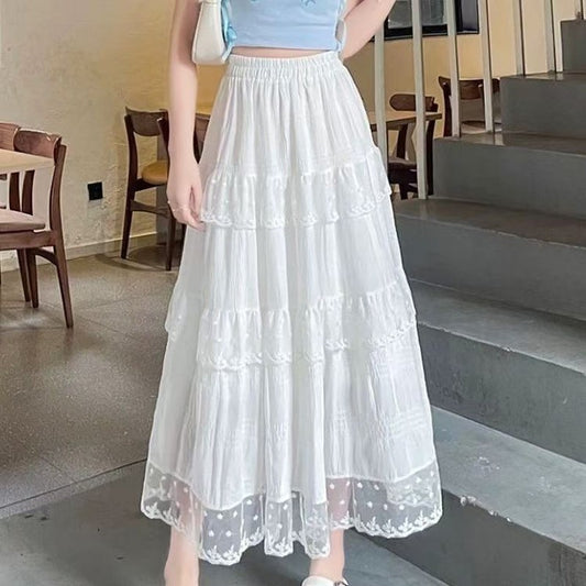 Summer Autumn Women Long Skirts Vintage High Waist Elastic Lace White Chic Long Cake A Line Skirt
