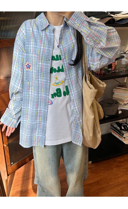 Ice Blue Plaid Long Sleeve Shirt Unisex Premium Cleanfit Denim Fabric V-neck Open Cardigan Style Holiday Vibes Short Length