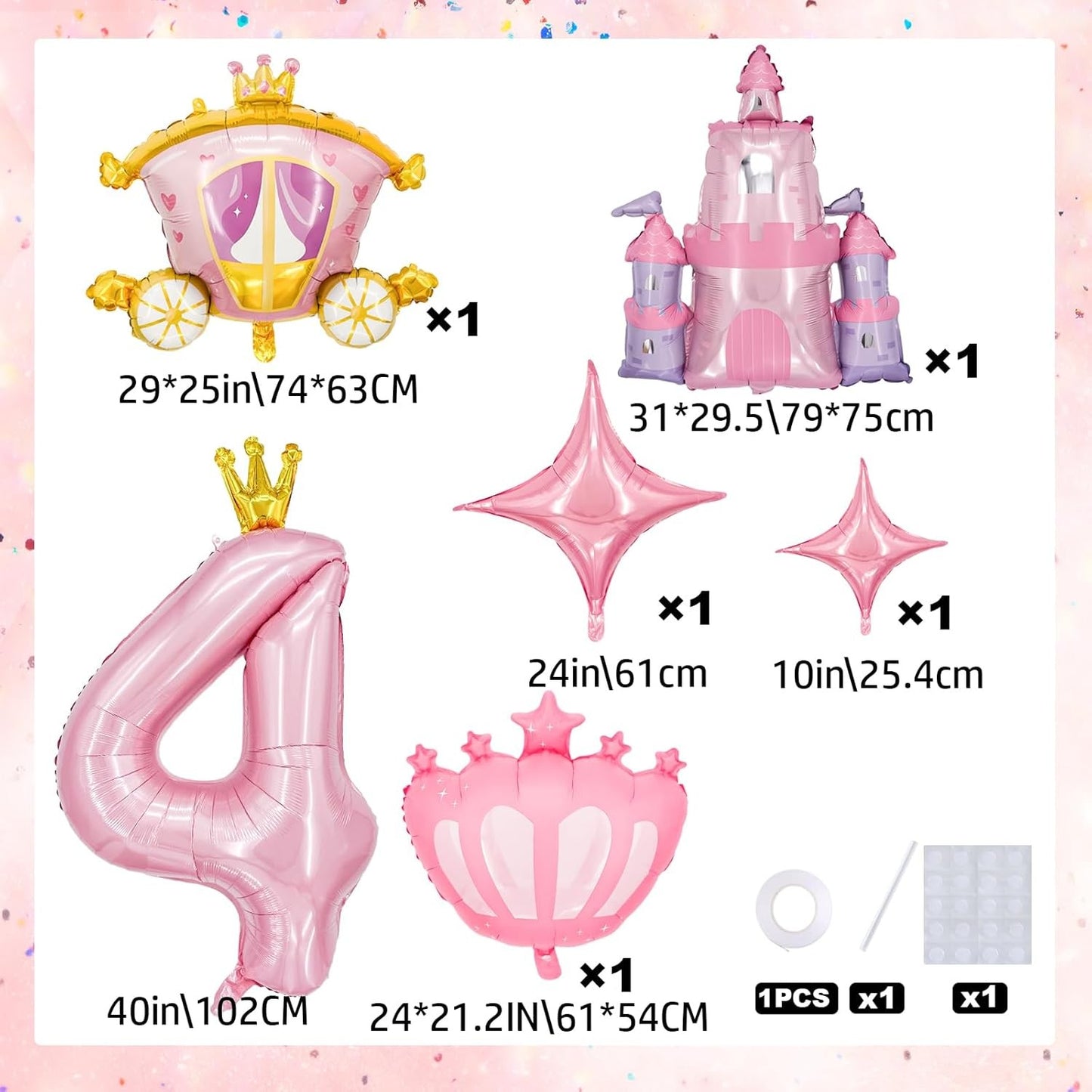 6-Piece Princess Theme Party Decoration Set: Princess Carriage + Pink Castle + 40-inch Numbers + Crown Heart + Star Foil Balloon