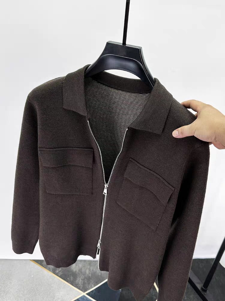 Premium Zipper Collar Wool Cardigan Men's Casual Coat Autumn/Winter Luxury Pocket Design Solid Color Casual Warm Sweater Jacket