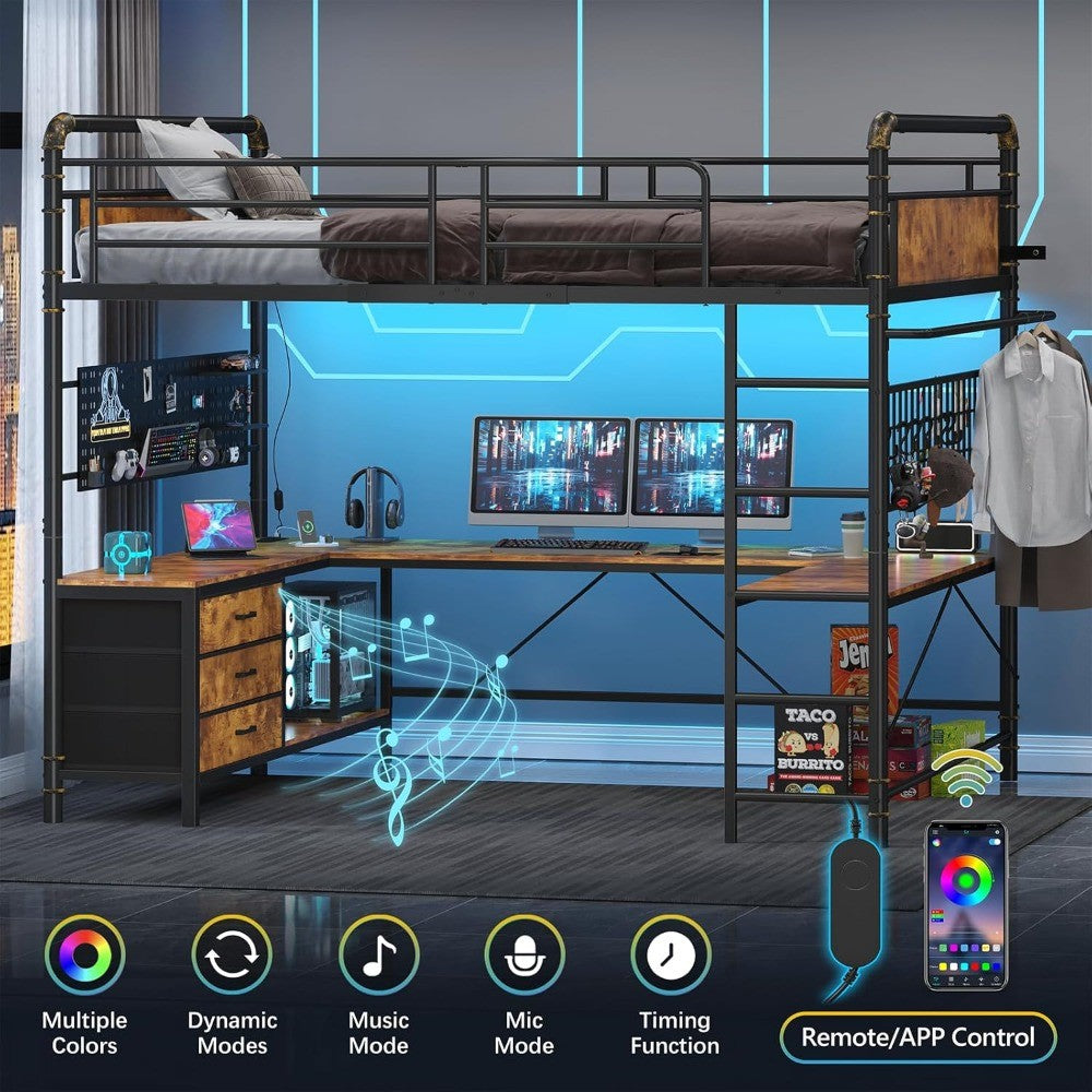 Size Loft Bed with U-Shaped Desk, Heavy Duty Full Loft Bed Frame with Pegboard & Mesh Shelf, RGB Lights, Bunk Lo