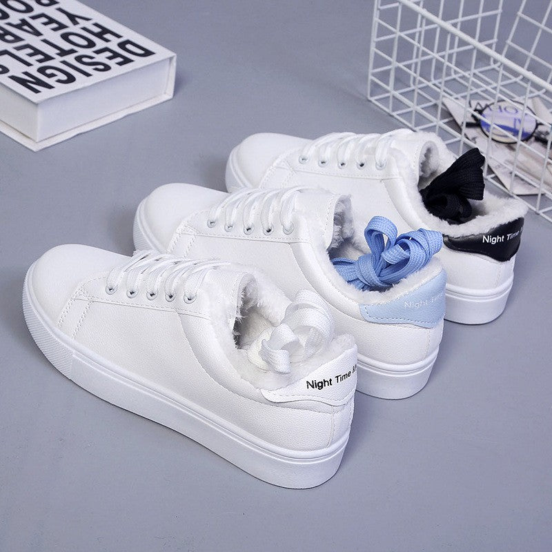 Tênis Feminino de Inverno, Quente, Pelúcia, Sola Vulcanizada, Plataforma, Algodão, Cadarço, Branco, Com Pelúcia, Casual