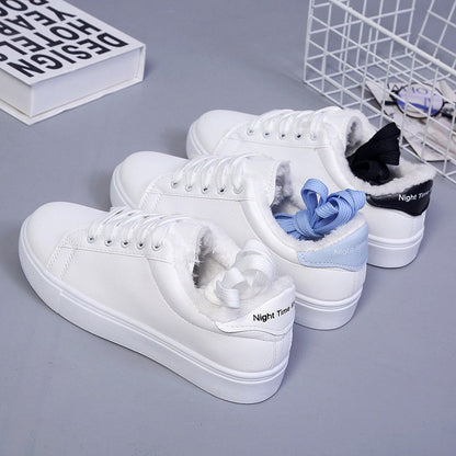 Tênis Feminino de Inverno, Quente, Pelúcia, Sola Vulcanizada, Plataforma, Algodão, Cadarço, Branco, Com Pelúcia, Casual