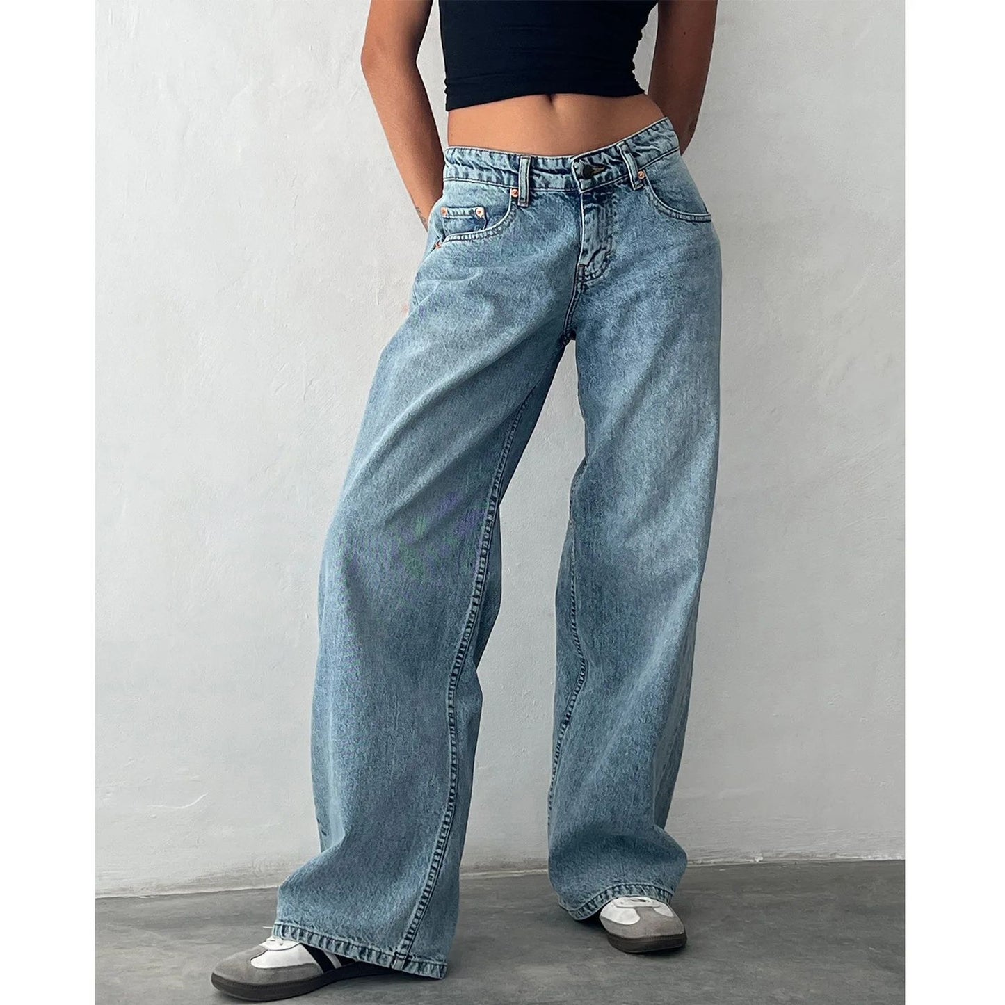 High Waist Straight Leg Women's Jeans Retro American Washed Denim Pants Autumn Street Style Wide Leg Trousers for Women