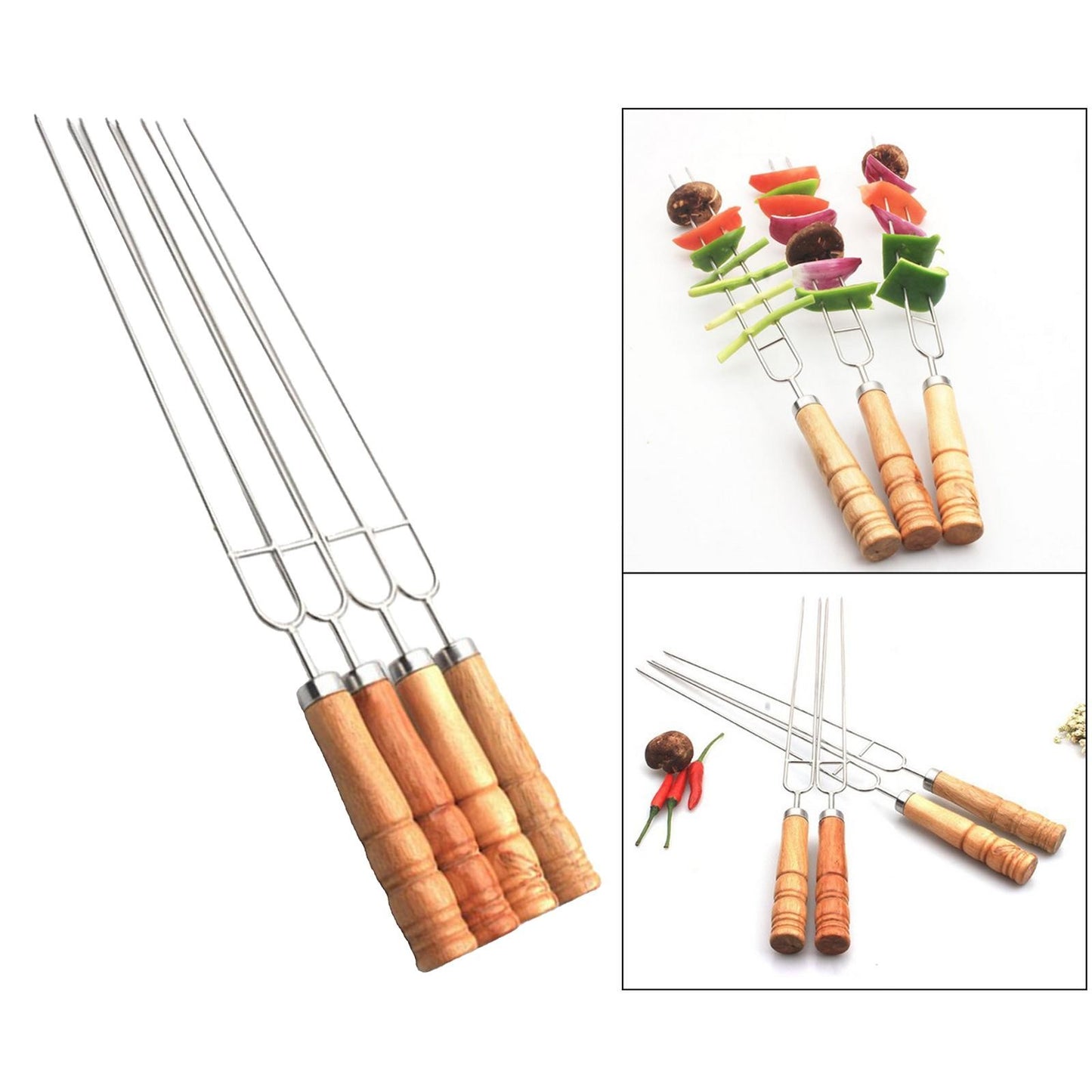 6pcs Barbecue Grill Fork Stainless Steel U-Shaped BBQ Skewer With Anti-scald Wooden Handle Metal Fork Set for Outdoor BBQ Grill