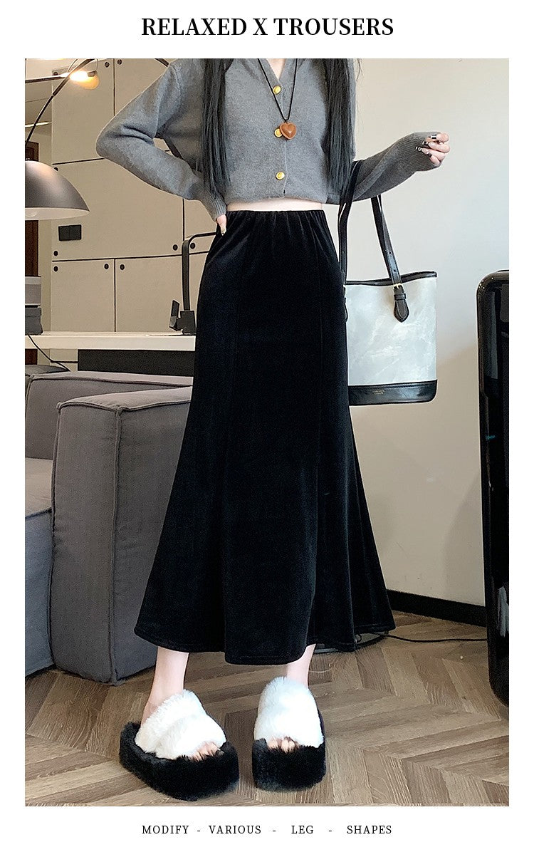 Elastic Velvet Long Black Skirts Women 2025 Casual Korean Fashion Y2k Clothes Mid Length Elegant High Waist Harajuku Maxi Skirt