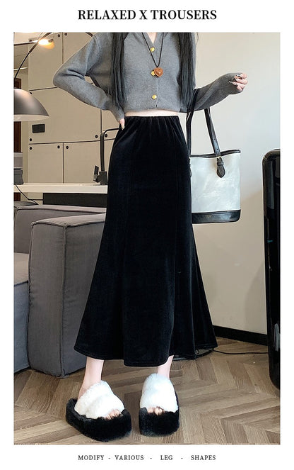 Elastic Velvet Long Black Skirts Women 2025 Casual Korean Fashion Y2k Clothes Mid Length Elegant High Waist Harajuku Maxi Skirt