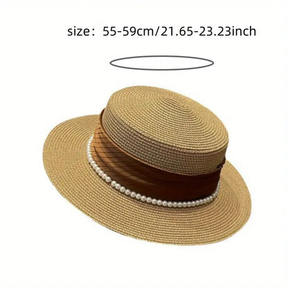 2025 Summer Elegant Pearl Chain Flat Sun Hats for Women Chapeau Feminino Straw Hat Panama Wide Brim Anti-UV Beach Cap Girl Topee