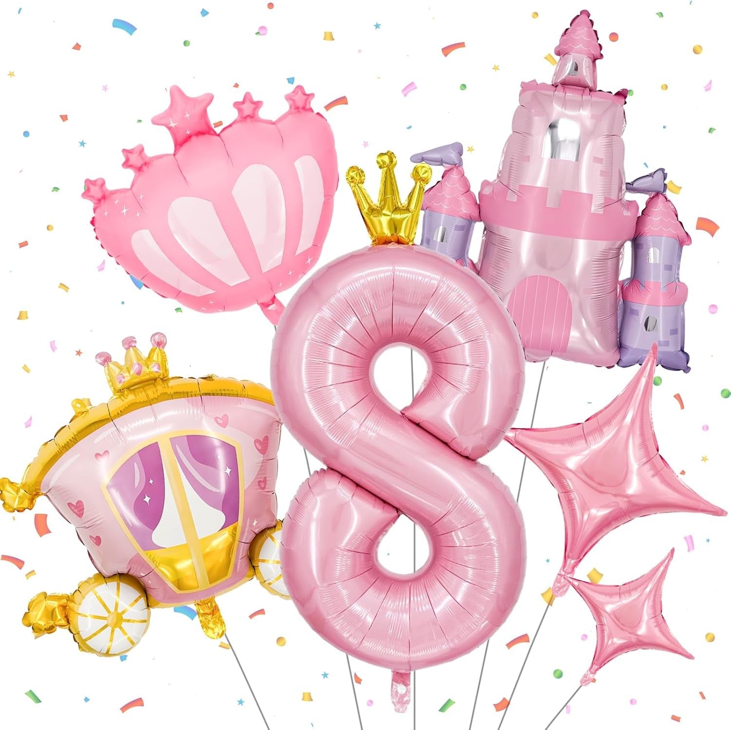 6-Piece Princess Theme Party Decoration Set: Princess Carriage + Pink Castle + 40-inch Numbers + Crown Heart + Star Foil Balloon