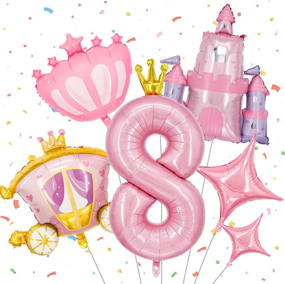 6-Piece Princess Theme Party Decoration Set: Princess Carriage + Pink Castle + 40-inch Numbers + Crown Heart + Star Foil Balloon