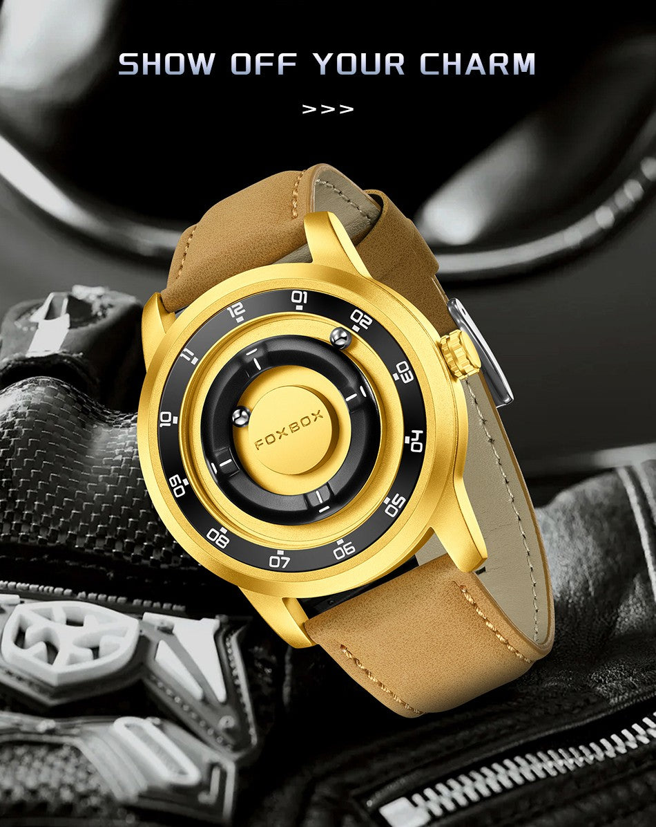 FOXBOX Fashion Unique Dial Man Watch Leather Casual Sports Srolling Bead Magnetic Force Waterproof Quartz Watches for Men Clocks