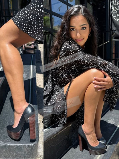 Wooden Pattern Chunky Heel Dress Pumps Black Nude Matte Platform Banquet Shoes Cork Block Heels Striped Footwear Patchwork Heels