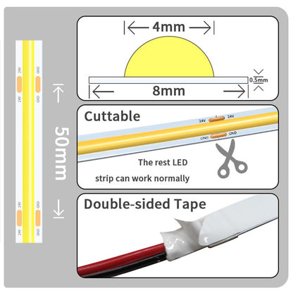 24V 12V COB LED Strip Light 8mm 320LEDs/M High Density Flexible Diode Tape Ribbon for Room Decor 1M 2M 3M 5M 10M Linear Dimmable
