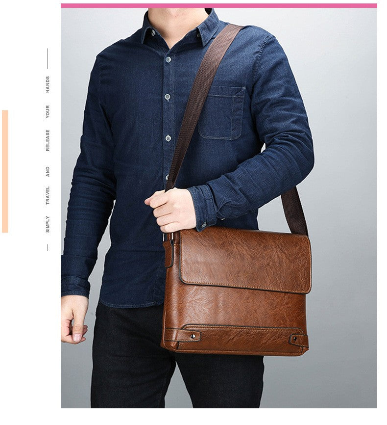 Men's Solid Color Retro Leather Shoulder Bag, Casual Business Messenger Bag Horizontal A4 Paper Travel Bag Briefcase Laptop Bag