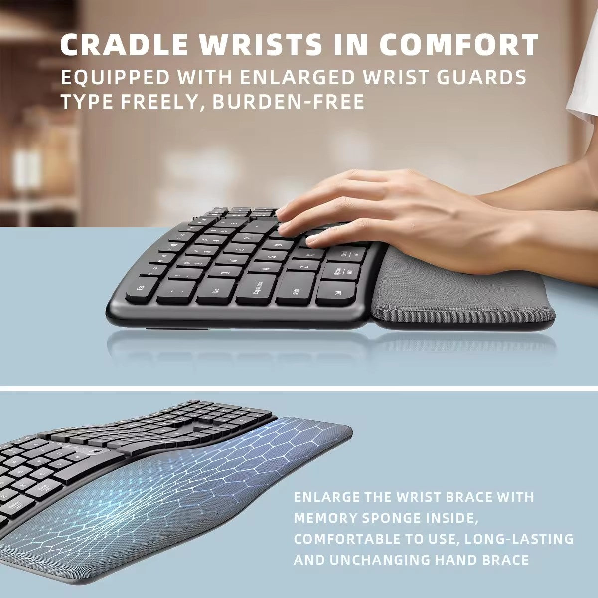 Teclado Sem Fio Ergonômico 2.4G, Digitação Natural Confortável, Apoio para as Mãos, Teclado Bluetooth Recarregável Multidispositivo para Laptop