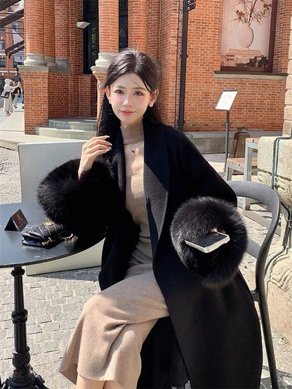 Korean Style Temperament Fur Collar Fashion Women's Coat Medium To Long Simple Casual Woolen Coat Slimming Versatile Woolen Coat