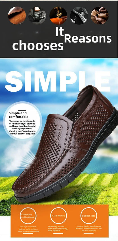 Plus Size Breathable Hollow Out Leather Sandals For Men Summer Comfortable Slip-Ons With Gap Between The Shoes And The Ground