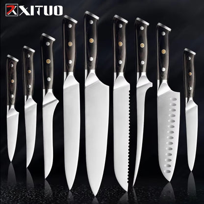 Facas de Cozinha Premium 1-9PEÇAS Conjunto de Facas Japonesas de Aço Inoxidável 5CR15 Incluindo Facas Santoku, Cutelo, Utilitária e de Desossar