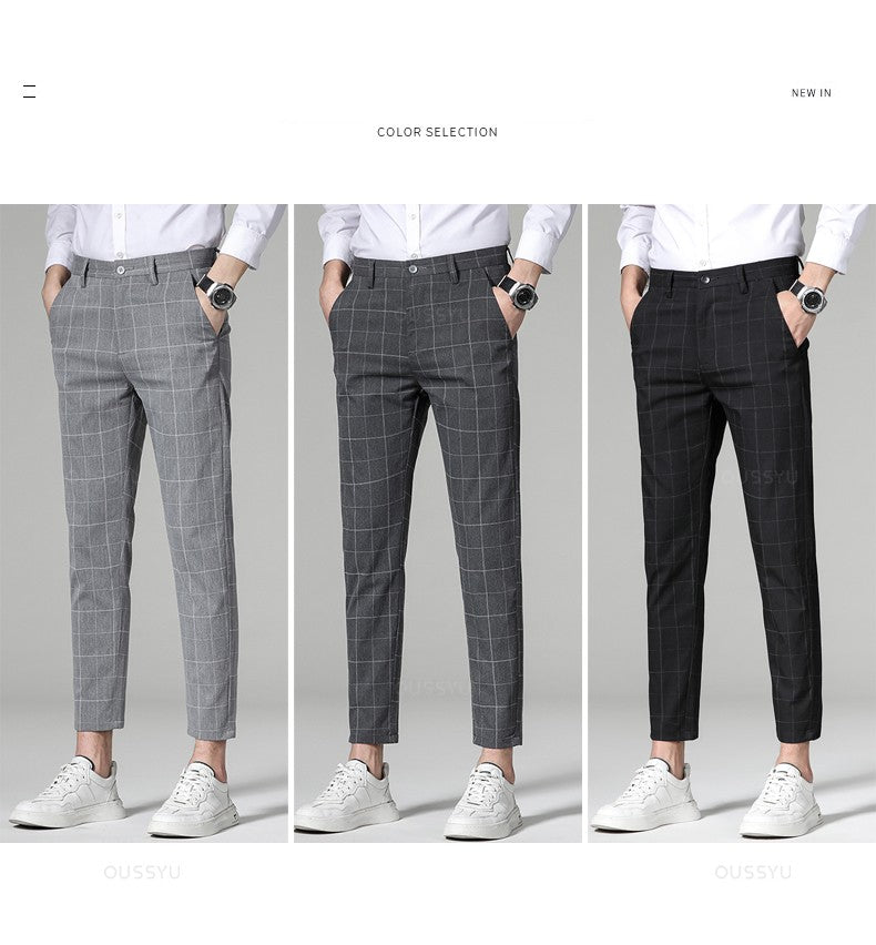 High Quality Plaid Stripe Ankle Length Pants Men Business Long Length Pant Straight Korea Grey Black Suit Formal Trousers Male